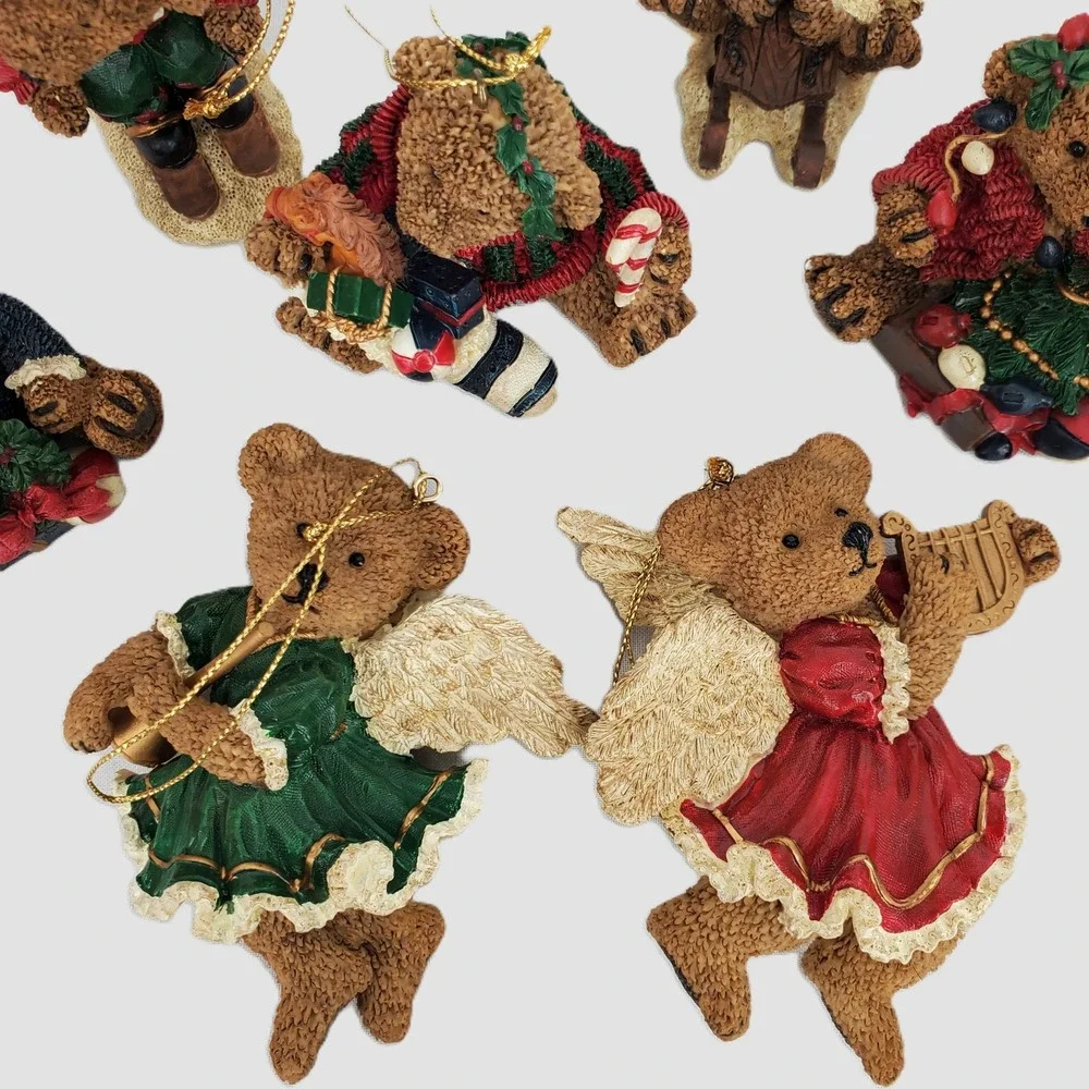 Christmas Teddy Bear 8pc Ornament Set Resin Angel‎ Skiing Sledding Holiday Decor